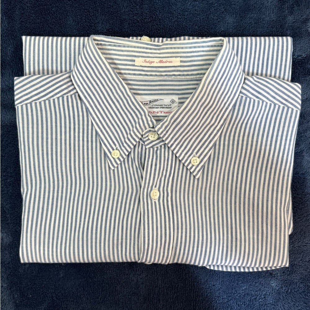 GANT Men’s Rugger Indigo Madras Striped Button Down Short Sleeve Shirt Medium M